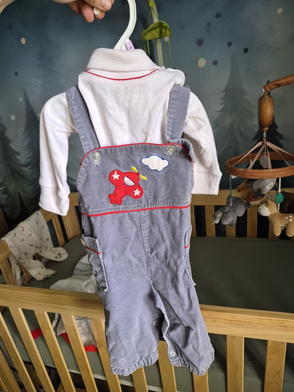 Vintage 80s Gray Corduroy Kids Overalls Set with Red Airplane Appliqué